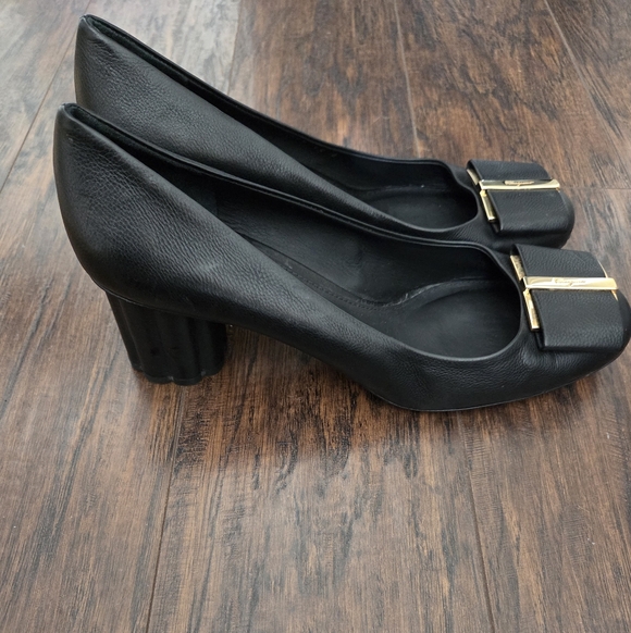 Salvatore Ferragamo Black Leather Heels with Gold Accents - Picture 7 of 10
